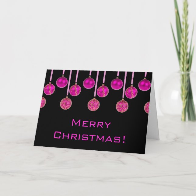 Cartão De Festividades Feliz Natal Black Pink Dourado Baubles Card (Frente)