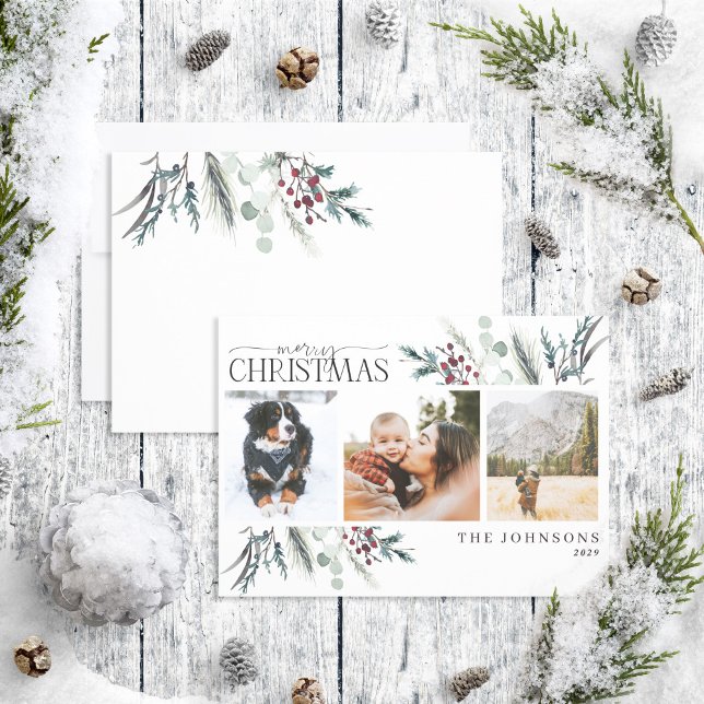 Cartão De Festividades Feliz Natal Black Winter Botanical Photo Holid (Criador carregado)