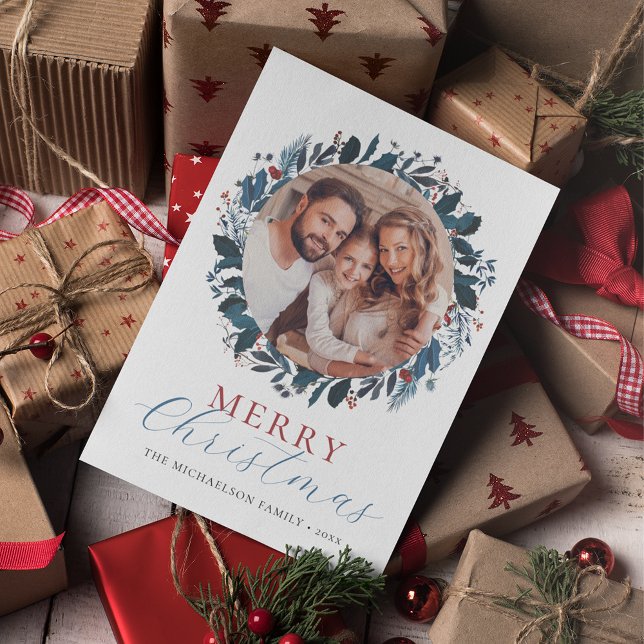 Cartão De Festividades Feliz Natal Blue Holly Foto (Criador carregado)