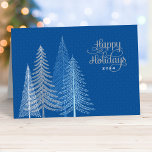 Cartão De Festividades Feliz Natal Blue Silver Winter Scending Business<br><div class="desc">Deseje aos seus funcionários, clientes e contatos corporativos "Felizes feriados" nesta temporada de inverno com este cartão de feriado de na moda. Essa design sazonal inclui pinheiros modernos e um céu noturno padronizado com texto em roteiro decorativo. As cores de design incluem tons azuis e marinhos com cores brancas, prateadas...</div>