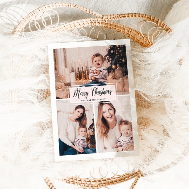 Cartão De Festividades Feliz Natal Blush e Colagem de Fotos Branca (Criador carregado)