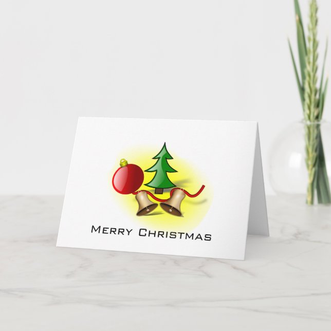 Cartão De Festividades Feliz Natal ~ Bola Vermelha, Sinos e Árvore (Frente)