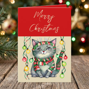 Cartão De Festividades Feliz Natal bolas de Natal gato fofo sorrindo verm