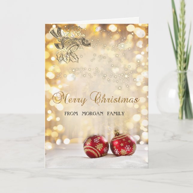 Cartão De Festividades Feliz Natal, Bolas de Natal Vermelhas, Sino, Bokeh (Frente)