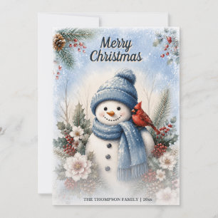 Cartão De Festividades Feliz Natal Boneco de Neve Cardinal Água-forte Inv