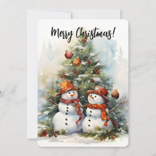 Cartão De Festividades Feliz Natal Bonecos de Neve e Árvore de Natal