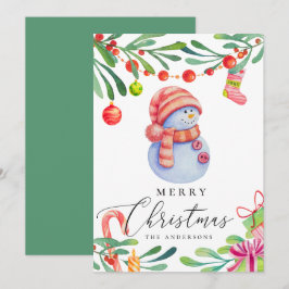 Cartão De Festividades Feliz Natal. Bonito boneco de neve com aquarela