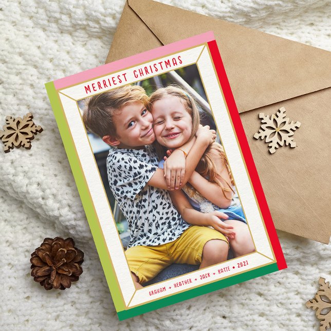 Cartão De Festividades FELIZ NATAL borda de bloco de cor de foto moderna (Criador carregado)