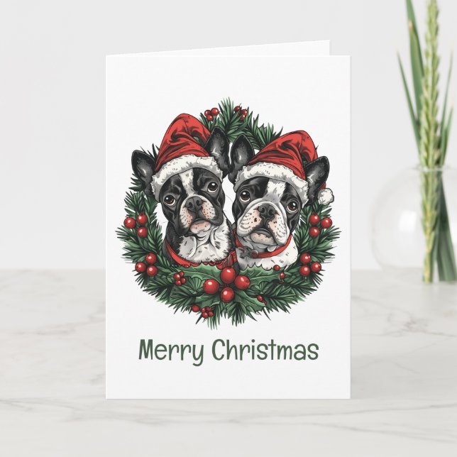 Cartão De Festividades Feliz Natal Boston Terrier Cães Feriados Feriados  (Frente)