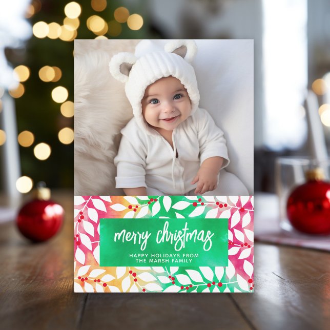 Cartão De Festividades Feliz Natal Botânico Tie Dye - Foto (Tie Dye Christmas Card with 1 photo and eclectic patterns - print and download options)