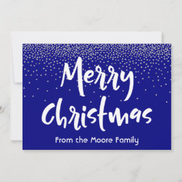 Cartão De Festividades Feliz Natal Branco sobre Confete Azul Marinho e Pr