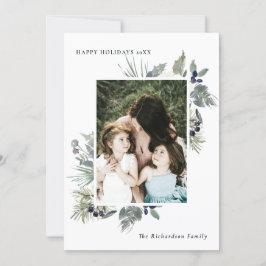 Cartão De Festividades Feliz Natal Branco Verde Escuro Folhagem Foto Feli