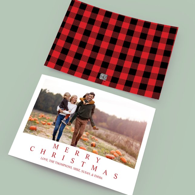 Cartão De Festividades Feliz Natal Buffalo - Cheque Uma Foto (Merry Christmas red and black buffalo check typography multi photo greeting card. )