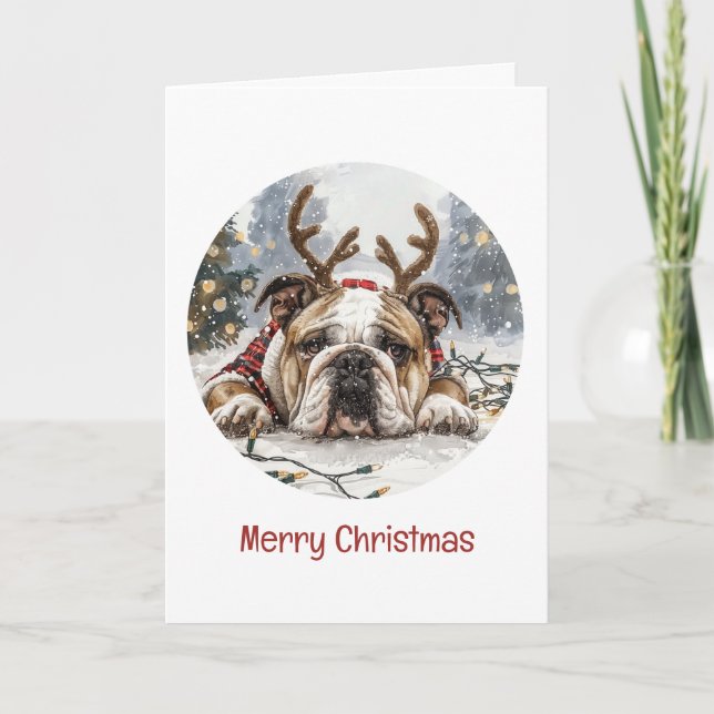Cartão De Festividades Feliz Natal - Bulldog Reindeer (Frente)