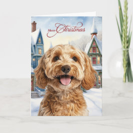 Cartão De Festividades Feliz Natal Cachorro Cockapoo Vila de Inverno Neva