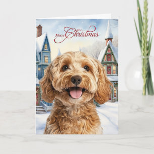 Cartão De Festividades Feliz Natal Cachorro Cockapoo Vila de Inverno Neva