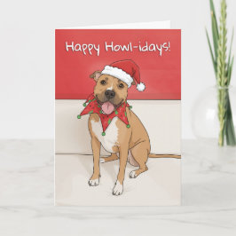 Cartão De Festividades Feliz Natal Cachorro Pit Bull Desenho com Chapéu d