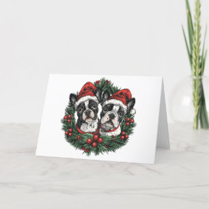 Cartão De Festividades Feliz Natal Cães Boston Terrier Grinalda de Natal