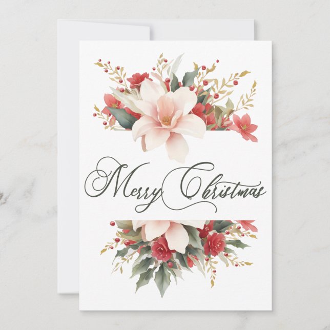 Cartão De Festividades Feliz Natal Caligrafia Aquarela Floral (Frente)