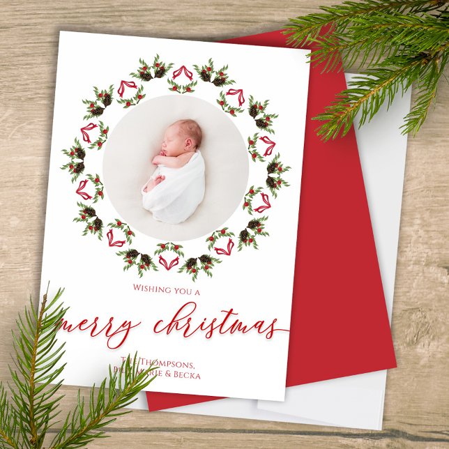 Cartão De Festividades Feliz Natal - Caligrafia Vermelha Uma Foto (Merry Christmas Calligraphy script mandala wreath design photo card. )