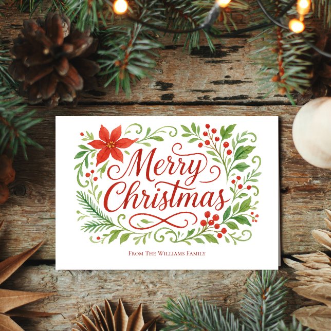 Cartão De Festividades Feliz Natal Calliografia Red Poinsettias (Criador carregado)