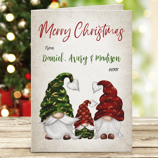 Cartão De Festividades Feliz Natal Calliografia Rustic Família Gnomo (Available in high quality print or digital download for quick text messaging, email or self print.)