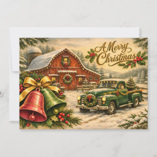 Cartão De Festividades Feliz Natal Caminhão Antigo, Celeiro e Sinetas