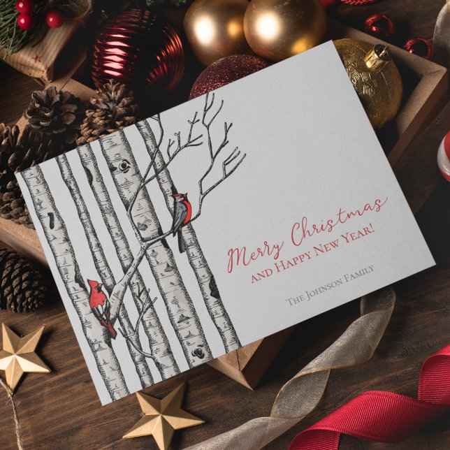 Cartão De Festividades Feliz Natal Cardinals Birch Branch Foto (Elegant & Modern Hand-Drawn Merry Christmas Red Cardinal Birds Perched on Birch Tree Branches.)