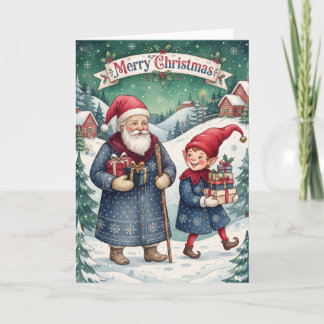 Cartão De Festividades Feliz Natal Carta Vintage do Papai Noel e Elfo