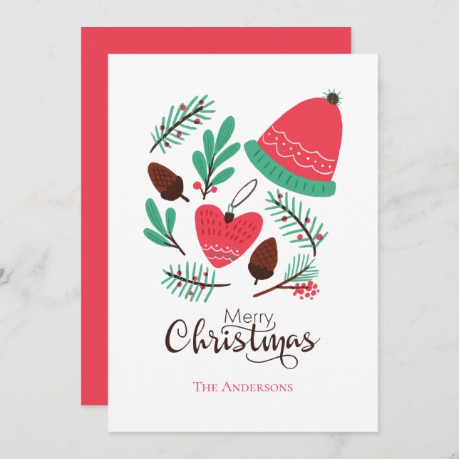 Cartão De Festividades Feliz Natal, Chapéu De Inverno E Pinecones (Frente/Verso)