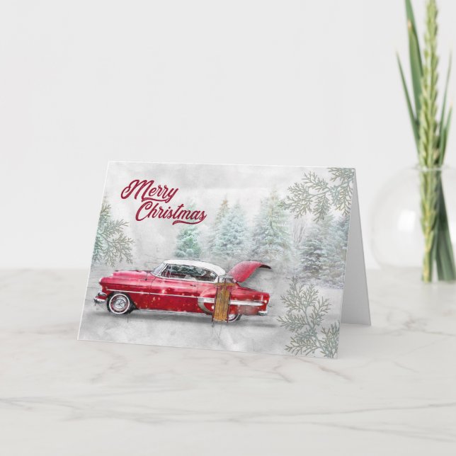 Cartão De Festividades Feliz Natal Clássico Carro Aquarela Neve (Frente)