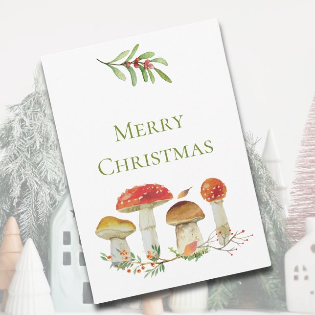 Cartão De Festividades Feliz Natal Cogumelos Aquosos Não Foto (Merry Christmas Watercolor Mushroom Non-Photo Christmas Card)