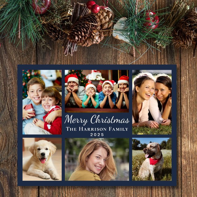 Cartão De Festividades Feliz Natal - Colagem de Fotos Azul (Share the love and warmth of the season with your personalized photo Christmas card)