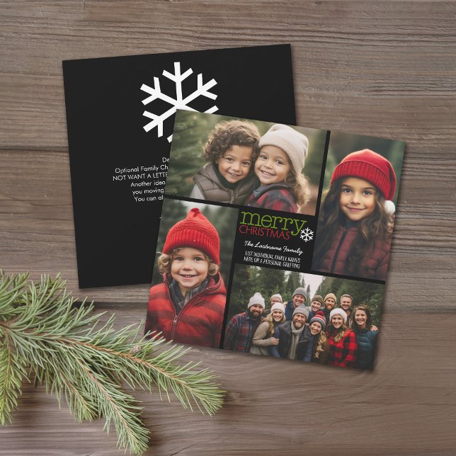 Cartão De Festividades Feliz Natal - Colagem de Fotos - carta no verso (4 Photo postcard with modern black and white)