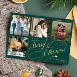 Cartão De Festividades Feliz Natal - Colagem de Fotos - Escrita elegante<br><div class="desc">Elegante na moda Merry Christmas faux gold classic calliografia clássica, script de quatro fotos da família quadrada simples pine green card com o seu texto personalizado em ambos os lados. OBSERVEM que a cor de fundo é editável. Você pode alterá-la depois de selecionar a opção PERSONALIZAR abaixo do menu PERSONALIZAR...</div>