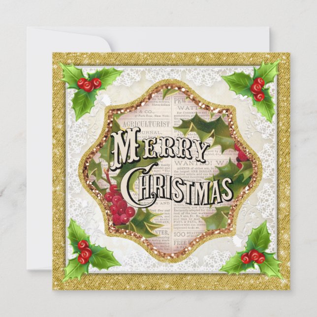 Cartão De Festividades Feliz Natal com a Holly Christmas Flat Card (Frente)