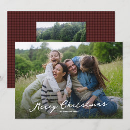 Cartão De Festividades Feliz Natal com escrita rústica e xadrez vermelho