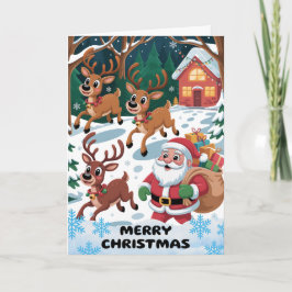 Cartão De Festividades Feliz Natal com Papai Noel e Rena divertidos