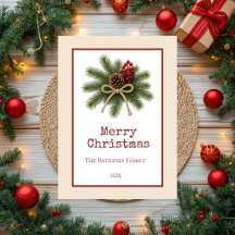 Feliz Natal com Pinhas Rústicas e Sempre-Verdes