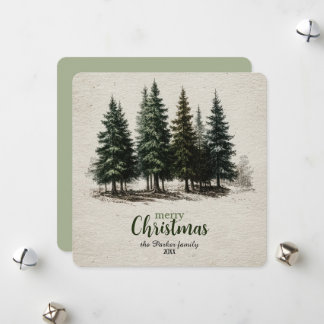 Cartão De Festividades Feliz Natal com Pinheiro Florestal Vintage Botânic