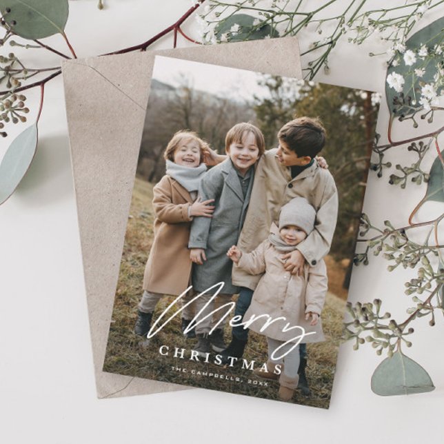 Cartão De Festividades Feliz Natal com Script Simples 3 Fotos (Simple Script Photo Christmas Holiday Card with elegant typographic overlay.)