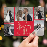 Cartão De Festividades Feliz Natal com Várias Fotografias<br><div class="desc">Os cartões de natal de Natal com fotos múltiplas apresentam seus nomes e a palavra Joyful em letras de música em um fundo vermelho. Basta carregar suas fotos favoritas e adicionar sua personalização no verso. Selecione Alta definição para melhor qualidade de foto. O Serviço de Design ao Vivo pode ajudá-lo...</div>