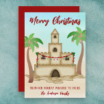 Cartão De Festividades Feliz Natal Cute Sandcastle Beach Home<br><div class="desc">Uma bela praia de castelo de areia de Natal,  decorada com bolbos de férias,  e as palmeiras são decoradas com luzes festivas. Saudações - "Do nosso paraíso de férias ao seu" - A saudação pode ser personalizada para ler como quiser.</div>