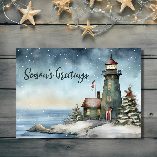 Cartão De Festividades Feliz Natal da Estação de Wintery Lighthouse (Front - Wintery Lighthouse Season's Greetings Christmas Holiday Card)