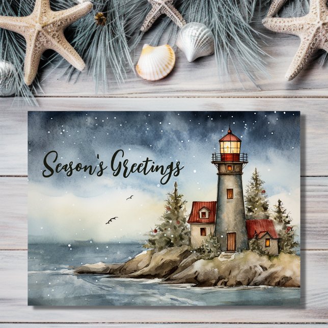 Cartão De Festividades Feliz Natal da Estação de Wintery Lighthouse (Front - Wintery Lighthouse Season's Greetings Christmas Holiday Card)