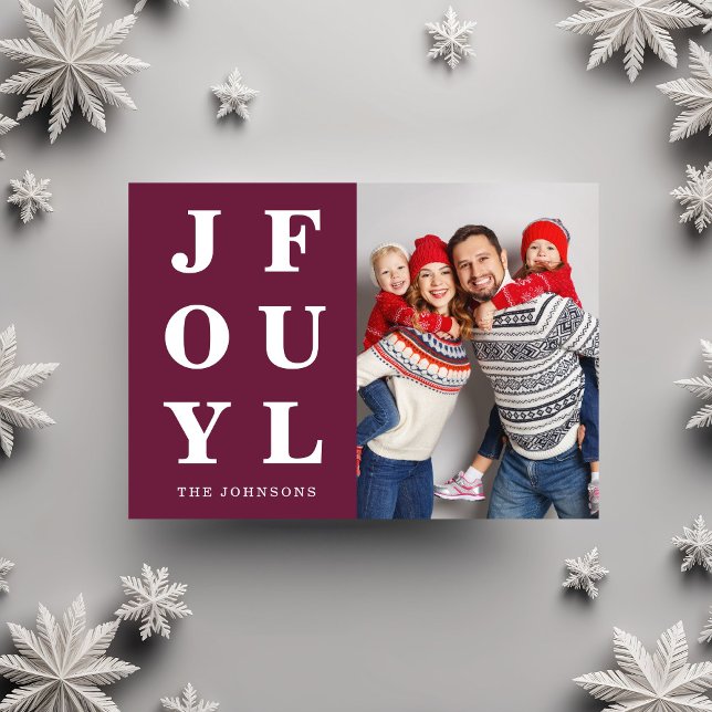Cartão De Festividades Feliz Natal da Moderna Burgundy (Elegant Burgundy Joyful One Photo Christmas Holiday Card)