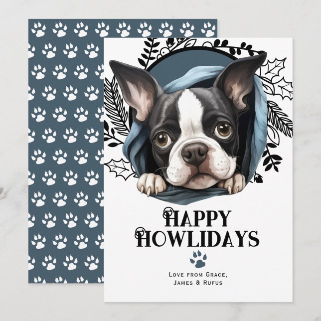 Cartão De Festividades Feliz Natal de Boston Terrier Dog (Frente/Verso)