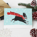 Cartão De Festividades Feliz Natal de Boston Terrier Winter<br><div class="desc">Um desenho festivo de um feliz Terrier preto e branco de Boston vestindo um cachecol vermelho correndo pela neve caindo. A mensagem dentro diz "Feliz Feriados!" Este texto pode ser personalizado com a sua própria saudação personalizada. Um cartão de feriado perfeito para serviços de animais de estimação personalizados e enviados...</div>