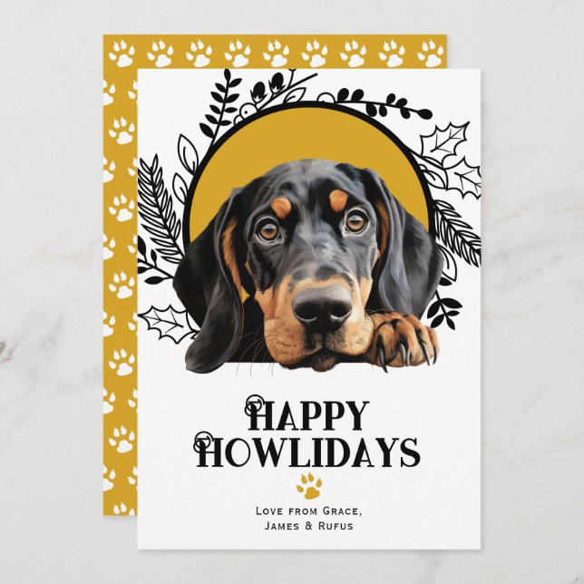 Cartão De Festividades Feliz Natal de Cachorro Negro Tan Coonhound (Frente/Verso)