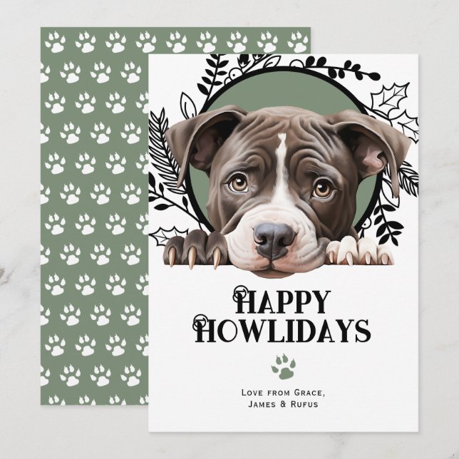 Cartão De Festividades Feliz Natal de Cachorro Pit Bull Americano (Frente/Verso)